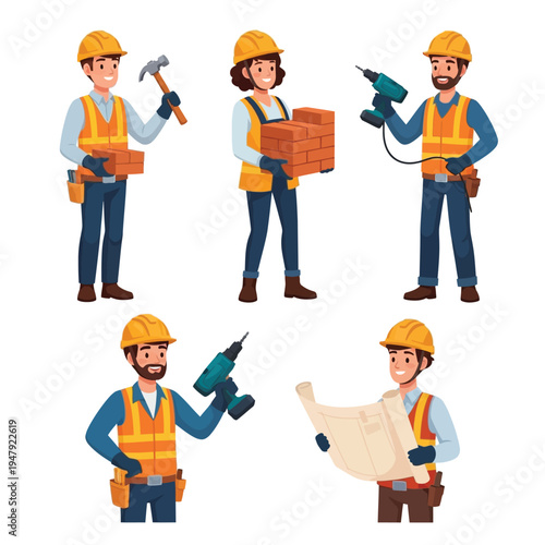 Smiling cartoon construction workers, including men and a woman, wearing hard hats and safety vests, holding various building tools, bricks, and blueprints.