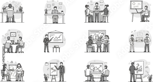 A collection of stylized monochrome business meeting and presentation illustrations