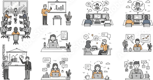 A series of illustrations depicting business meetings, presentations, and individuals working on computers
