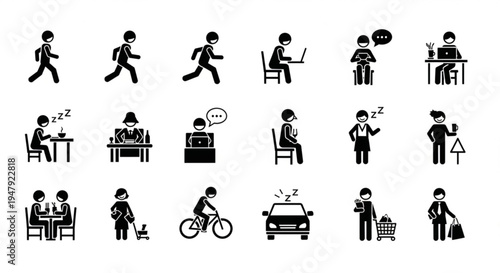 Daily life activities icons set people doing various tasks work and leisure time flat design