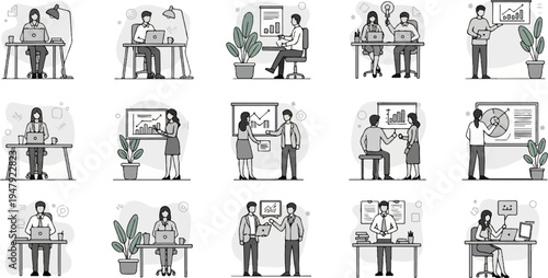Business illustrations of people working at desks and presenting data