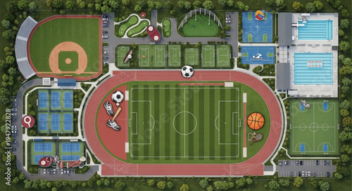 Aerial View of a Comprehensive Sports Complex with Various Facilities.