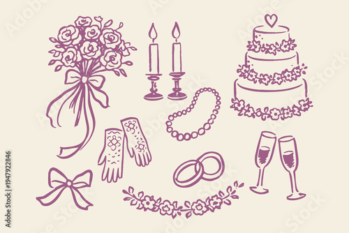 Wedding collection outline sketch vector illustration