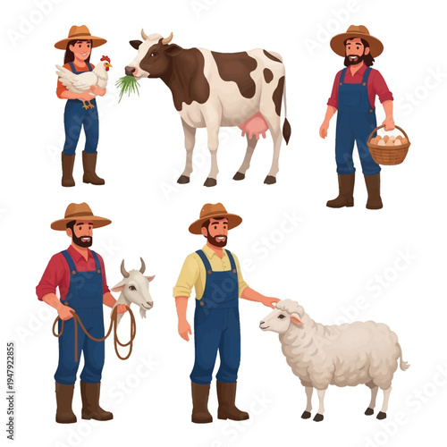 Various cartoon farmers interacting with common farm animals like cows, chickens, sheep, and goats, depicting agricultural life.