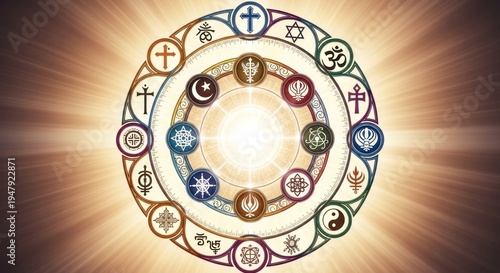 A circular arrangement of religious symbols, including a cross, a star of David, a crescent moon, and a Buddha symbol, set against a radiant background with beams of light emanating from the center.