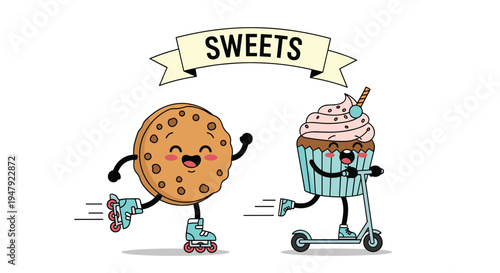 Active cookie on roller skates and cupcake on a scooter enjoy a fun and energetic race together under a sweets banner.