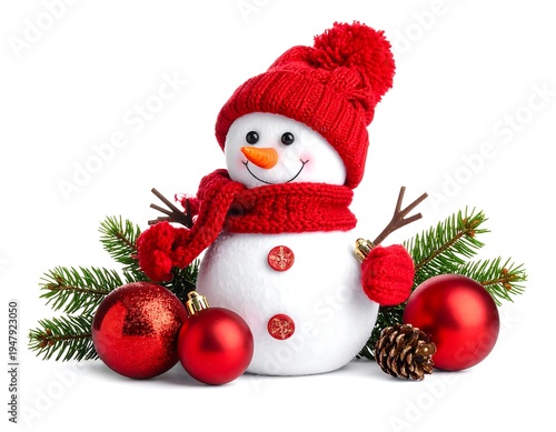 Cheerful snowman wears red knit hat and scarf, adorned with ornaments and pine sprigs on a white backdrop