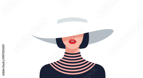 Fashionable woman wearing a large elegant white hat and black striped turtleneck looks away in this stylized vector illustration.