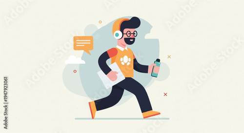 Cheerful man with headphones and tablet runs with water bottle