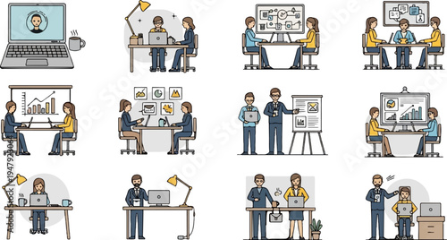 Colleagues collaborate and present in various office settings (1)