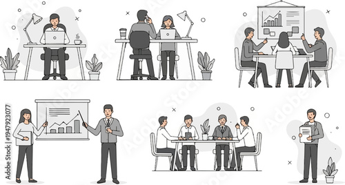 Colleagues collaborate in meetings and work at desks, illustrating business interactions