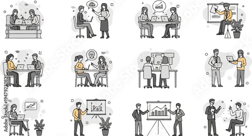 Colleagues collaborating and presenting data at tables and with boards