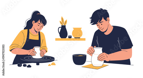 Creative man and woman work side by side in a pottery studio while shaping clay on spinning wheels to create beautiful ceramic vessels.