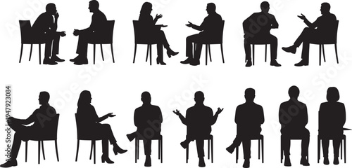 People sitting conversation silhouettes set, interview discussion talking poses business meeting vector illustration collection