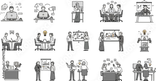 Colleagues collaborating and presenting ideas in various office scenarios