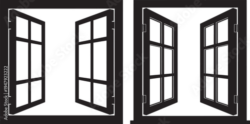 Open window icon, framed glass pane symbol for interior or exterior view vector, Black And White, Real Estate