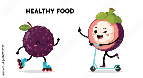 Happy cartoon passion fruit on blue roller skates and a mangosteen riding a scooter move along under a banner for healthy food concepts.