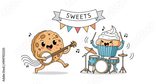 Cheerful cartoon cookie playing a banjo and a cupcake on drums perform together in a band under a festive sweets banner with bunting.
