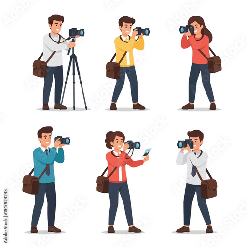Collection of diverse cartoon photographers, both male and female, actively taking pictures with cameras, some using tripods or smartphones.