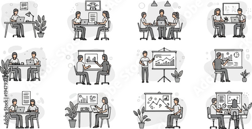 Diverse business people collaborate and present data in various office settings
