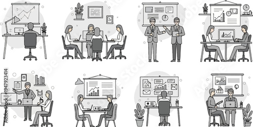 Diverse business scenarios with people working and presenting data at tables