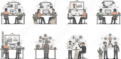 Diverse business scenarios showing collaboration and individual work at desks