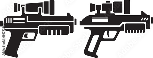 Sci-fi weapon icon, futuristic blaster gun symbol for gaming or action vector, Sci Fi, Black And White, Ray Gun, Science Fiction