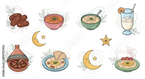 A colorful illustration of various traditional Middle Eastern dishes and desserts