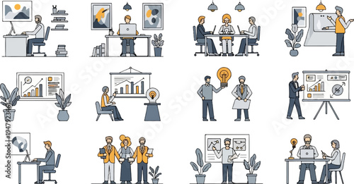 Diverse business scenes meetings, presentations, and individual work (1)
