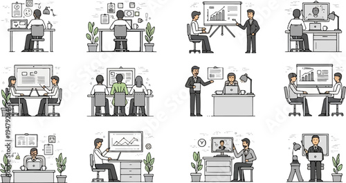 Diverse business team collaborating and presenting in modern office settings