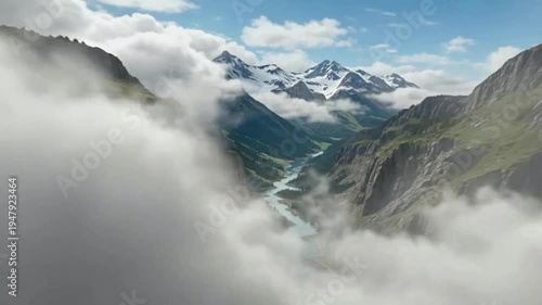 aerial view mountain valley river clouds