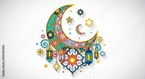 A colorful crescent moon and star illustration with lanterns and floral patterns