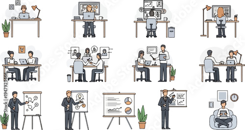 Diverse business scenes individuals and groups working and presenting