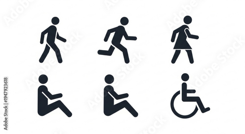 Diverse people running walking sitting exercising and in a wheelchair on white background for accessibility and health concepts