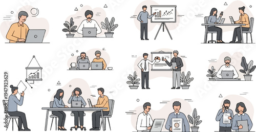 Diverse individuals engaged in various business activities within an office setting