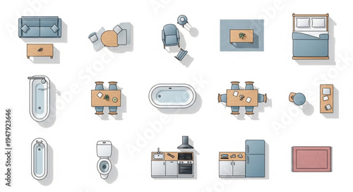 Top-Down View of Bathroom and Kitchen Fixtures and Appliances.