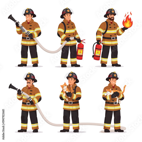 Cartoon male firefighters in uniform performing various duties like holding hoses, extinguishers, and rescuing cats.