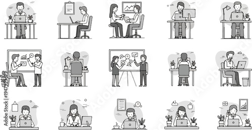 Diverse individuals work at desks, collaborate, and use technology in office settings