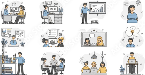 Diverse individuals engage in various business activities meetings, presentations, and individual work