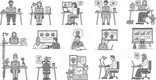 Diverse individuals working at desks with laptops, illustrating modern office activities