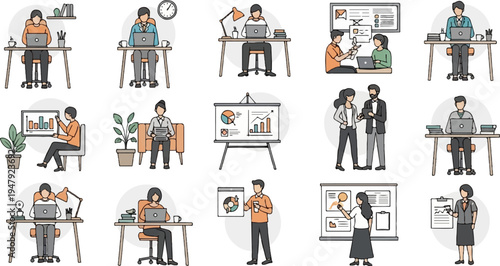 Diverse individuals working and presenting in office environments