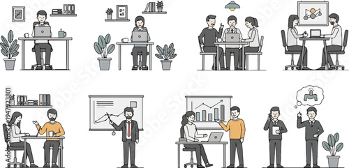 Diverse office scenes depict collaboration, individual work, and innovative ideas