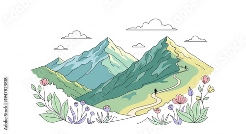 A colorful illustration of a mountain range with a winding path and flowers