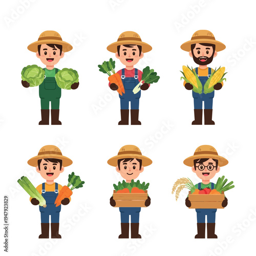 Collection of six cute cartoon farmers in hats and overalls, each proudly presenting different freshly harvested organic vegetables.