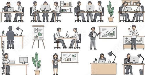 Diverse office scenes depict professionals collaborating, presenting, and working individually (1)