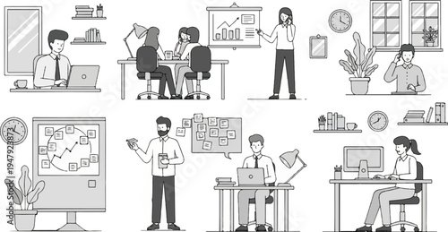 Diverse office scenes depict individuals engaged in various work-related activities