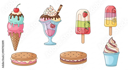 A colorful vector illustration of various sweet treats and desserts