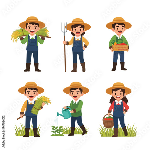 Six happy cartoon farmers performing various agricultural tasks, including harvesting crops, watering plants, and carrying fresh produce.