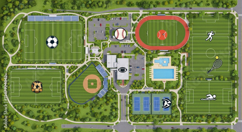 Aerial View of a Sports Complex with Various Fields and Courts.