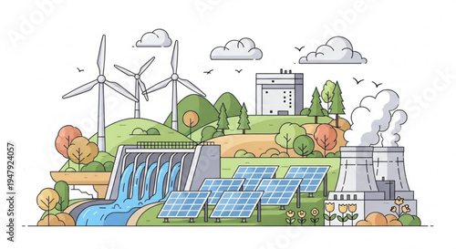 A vector illustration of renewable energy sources and industrial power plants